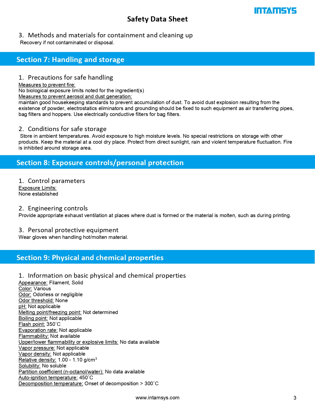 INTAMSYS HIPS Safety Data Sheet 인탐시스 필라멘트