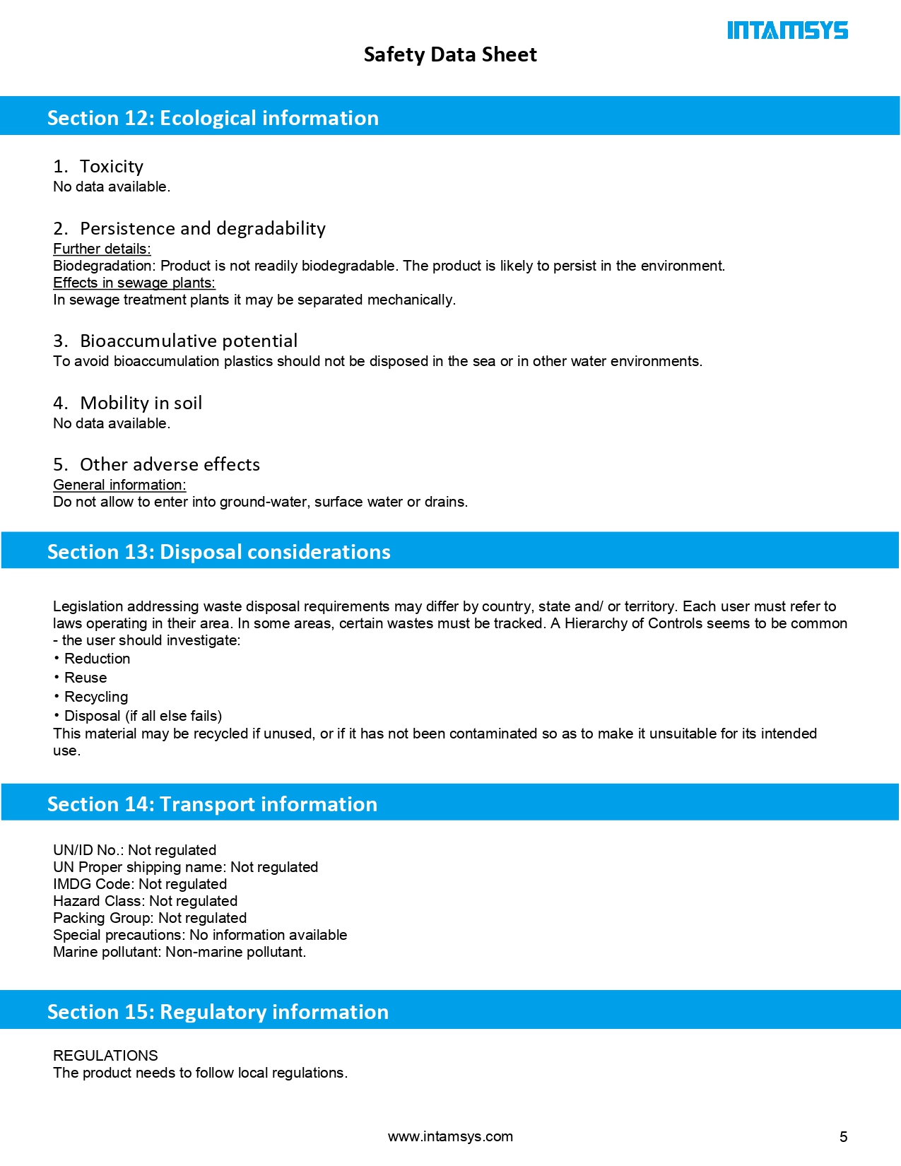 INTAMSYS HIPS Safety Data Sheet 인탐시스 필라멘트